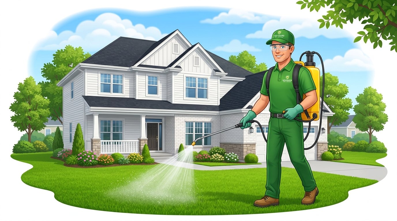 Professional Pest Control Technician treating suburban home